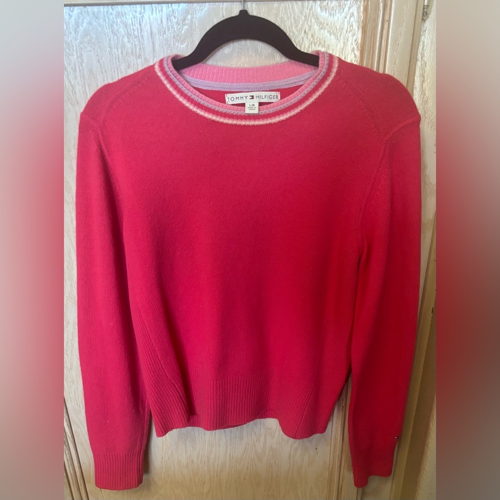 Tommy Hilfiger Womens Sweater Lambswool Angora Blend Sz L‎ Pink Preppy Collegial